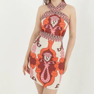 Soul of Mu Orange/Pink Paisley Linen Blend Print Halter Top Mini Dress, S 60676